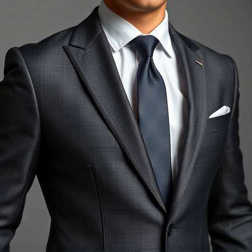 A meticulously tailored charcoal grey business suit with a sharp silhouette.